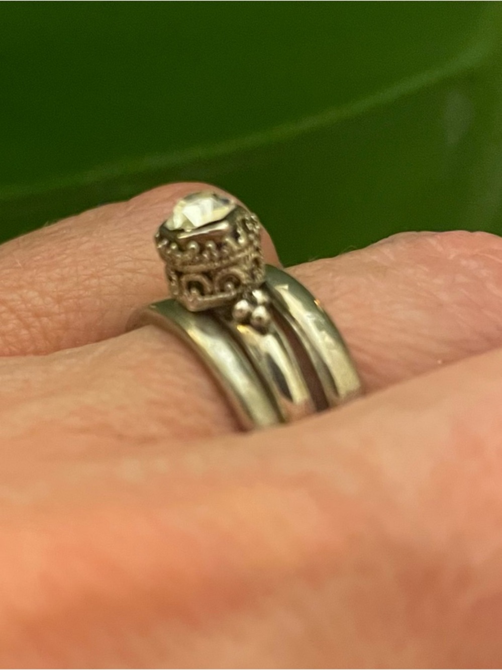 Stacking Ring Set with Filigree Solitaire with Clear Stone Sizes 6, 6.5, 7.5